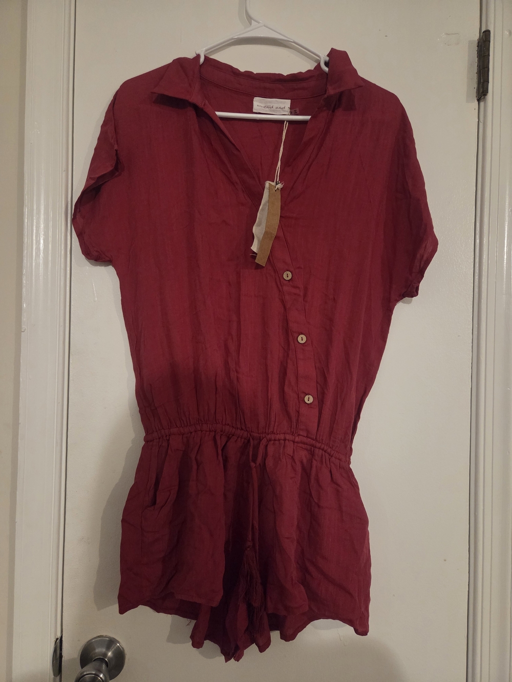 Mustard Seed Short Sleeve Red Button-Front Romper with Drawstring - Picture 4 of 5